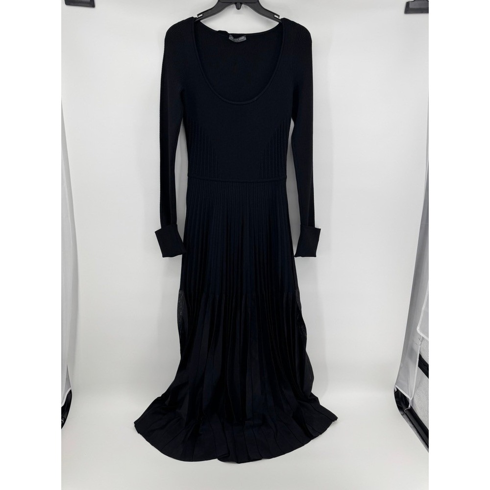 Alexander McQueen Black Ribbed Knit Pleated Mesh Maxi Dress Large Italy